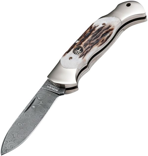 Boker Scout Lockback Stag Damascus Steel Knife