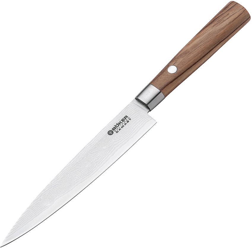 Boker 6" Damascus Utility Knife Olive Wood Handle