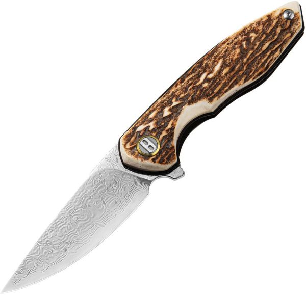 Bestech Bambi Damascus Linerlock - Stag Handle Mirror Finish