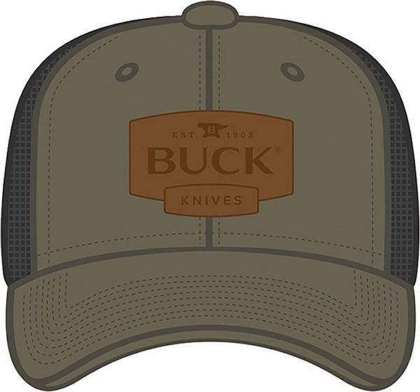Buck Mesh Snapback Hat OD Green Leather Patch