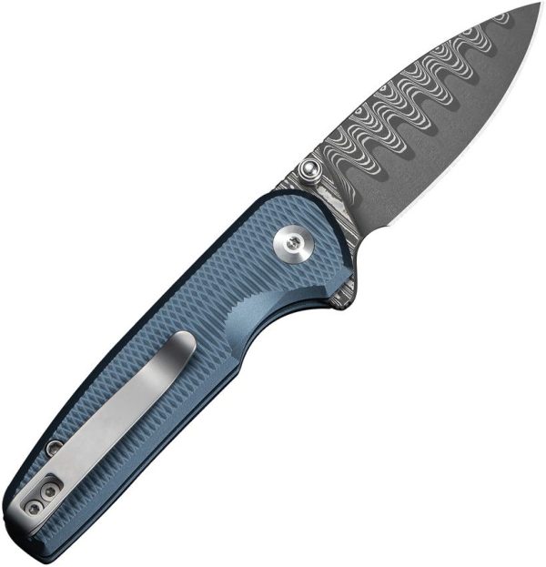 Civivi Mini Shakan Damascus Button Lock - Blue Aluminum