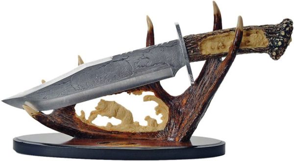 CN211165BE.jpg Bowie Knife Fixed Blade Stainless 9.25" Stag Handle Display Stand