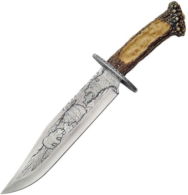 CN211165BE_add_01.jpg Bowie Knife Fixed Blade Stainless 9.25" Stag Handle Display Stand