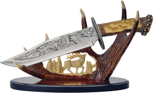 Bowie Knife Fixed Blade Stainless 9.25" Stag Handle Display Stand