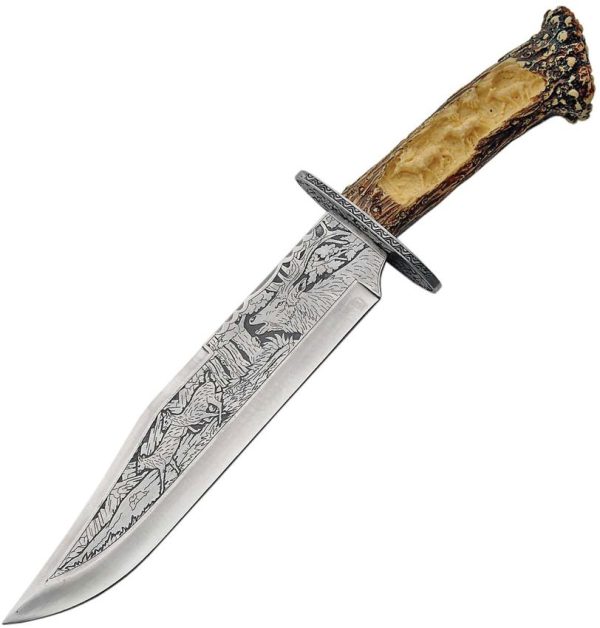 Bowie Knife Fixed Blade Stainless 9.25" Stag Handle Display Stand