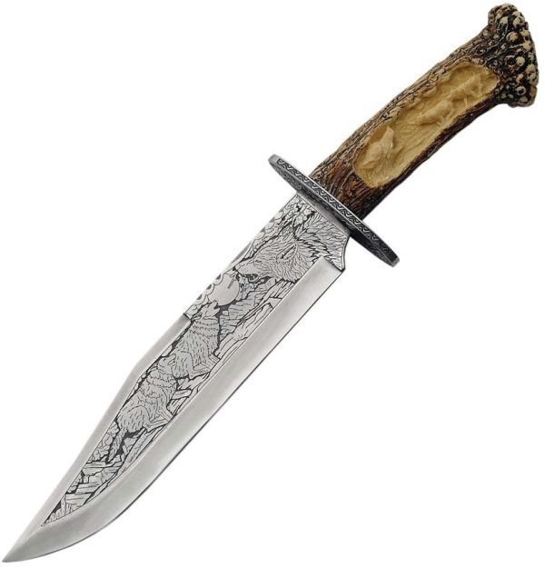 Bowie Knife 9.25" Stainless Blade Stag Handle Wolf Display Stand