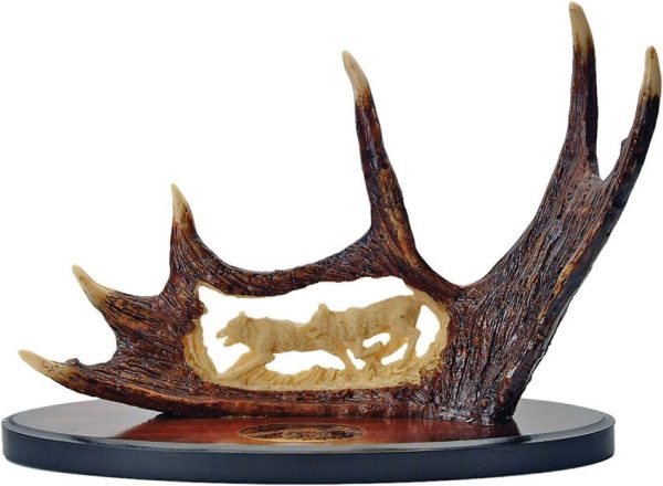 Bowie Knife 9.25" Stainless Blade Stag Handle Wolf Display Stand