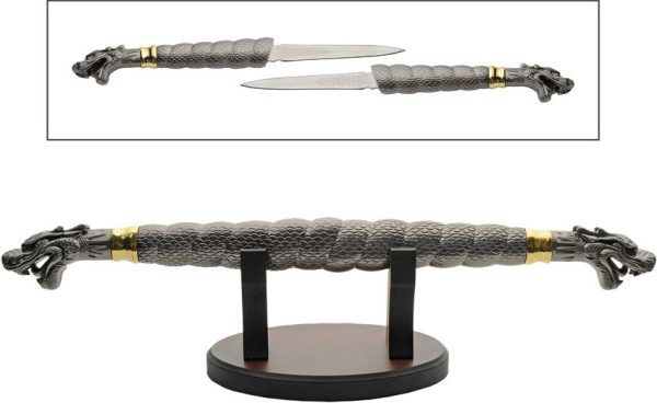 Twin Dragon Swords 420 Stainless Steel Blades Display Stand