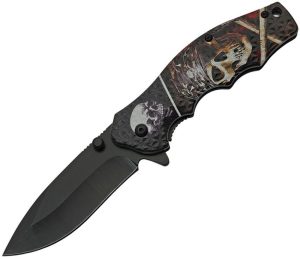 CN300502PR.jpg China Made Skull Linerlock A/O - Pirate Design Black Blade