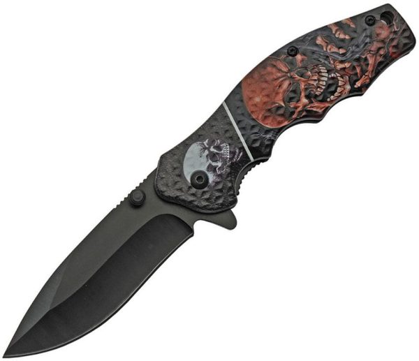 CN300502SS.jpg China Made Skull Linerlock A/O - Screamer Design Black Blade