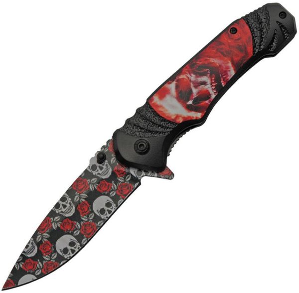 China Made Rose Skull Linerlock Folding Knife