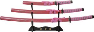 CN926970PK.jpg Pink Dragon Katana 3pc Set Stainless Blade Nylon Handle Display