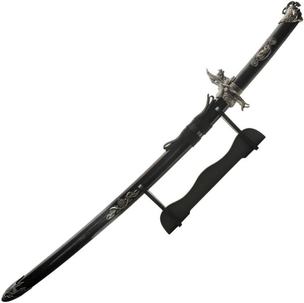 CN927004.jpg Dragon Warrior Sword 34" Carbon Steel Blade Black Wood Display