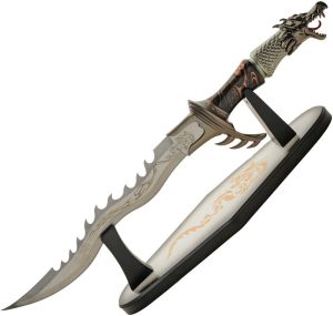 CN927021.jpg Rite Edge Dragon Fang Sword 15" Satin Blade Black Handle Stand