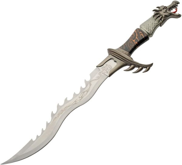 Rite Edge Dragon Fang Sword 15" Satin Blade Black Handle Stand