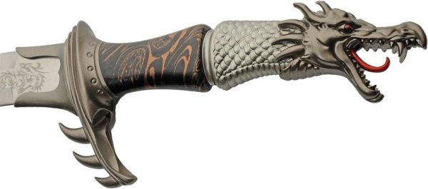 Rite Edge Dragon Fang Sword 15" Satin Blade Black Handle Stand