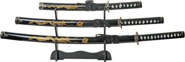 Gold Dragon Samurai Set Black Carbon Steel 3-Piece Fixed Blade