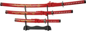 Gold Dragon Samurai Set Red Carbon Steel 3 Piece Sword