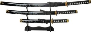 Double Dragon Samurai Set 3pc Carbon Steel Black Display Stand