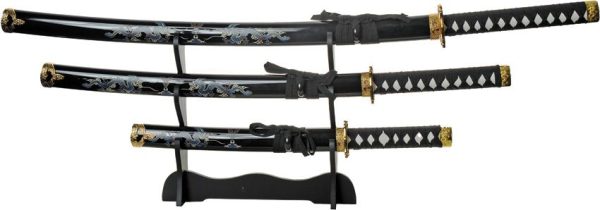 Double Dragon Samurai Set 3pc Carbon Steel Black Display Stand