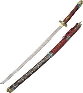 CN927037.jpg Sky Warrior Samurai Sword 27" 1075HC Steel Red Leather Fixed Blade