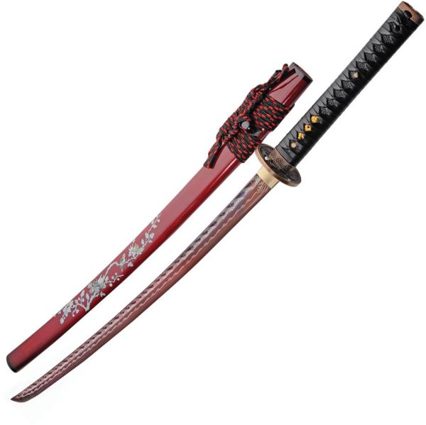 Bonsai Samurai Sword 28" Carbon Steel Blade Black Handle Red Scabbard