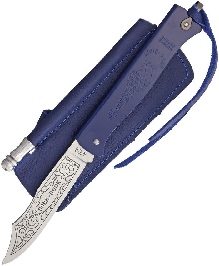 Douk-Douk Blue Folding Knife 3.13" 14C28N Blade w/ Sheath