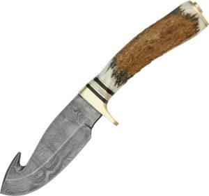 DM1008.jpg Damascus Guthook Skinner Fixed Blade Knife Stag Handle 4.5"