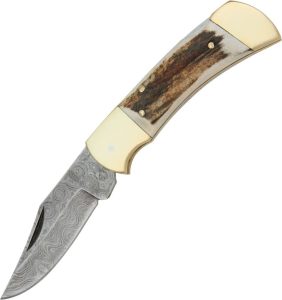 DM1019.jpg Damascus Lockback Folding Knife Damascus Steel Stag Handle 4" Blade