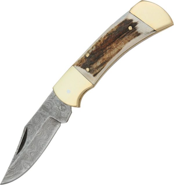 Damascus Lockback Folding Knife Damascus Steel Stag Handle 4" Blade