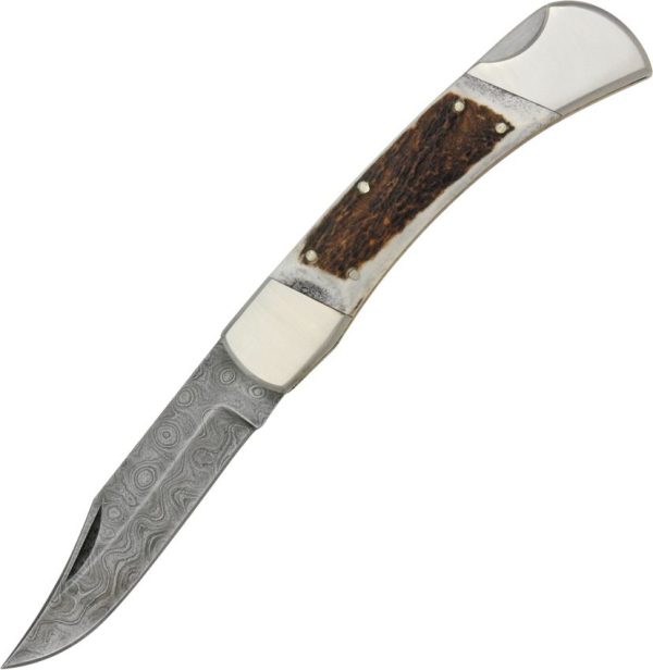 Damascus Lockback Folding Knife Damascus Steel Stag Handle 5"