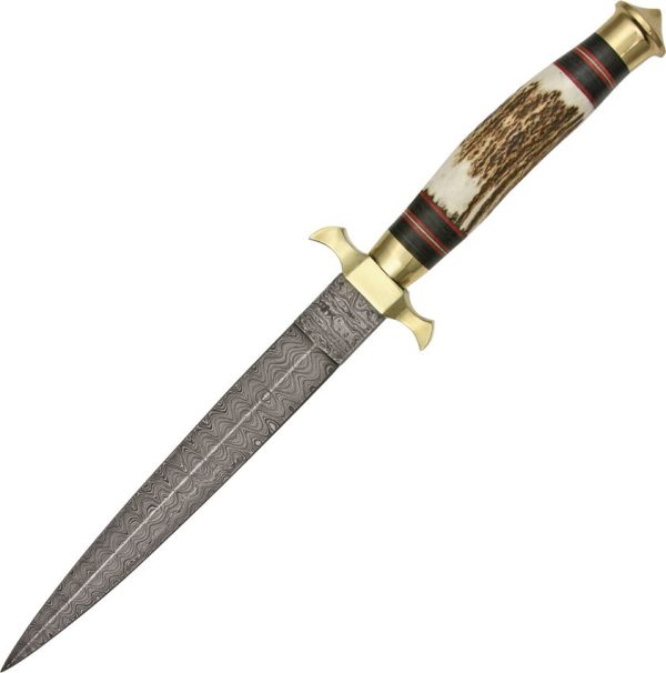 Damascus Commando Dagger Fixed Blade 7.75" Double Edge Stag