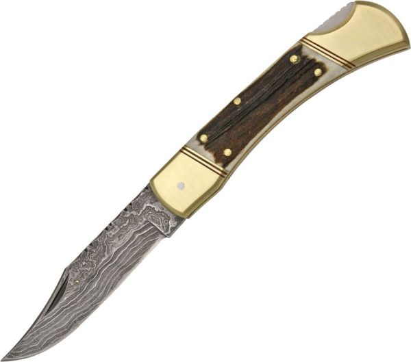 Damascus Filework Hunter Folding Knife Damascus Steel Stag