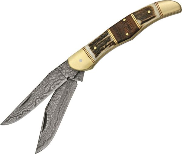 DM1041.jpg Damascus Filework Folding Hunter Damascus Steel Stag Handle Knife