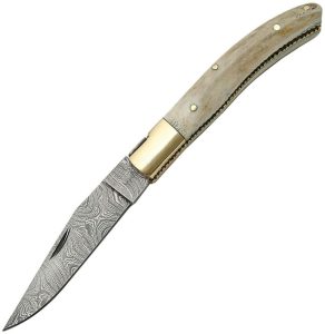 Damascus Folder 4.5 inch Stag Handle Brass Bolster