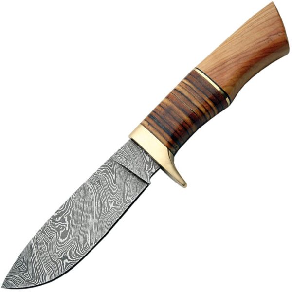 Damascus Hunter Fixed Blade Knife Damascus Steel Leather Handle