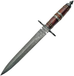 Damascus Dagger Rosewood Fixed Blade 9.5" Double Edge Knife