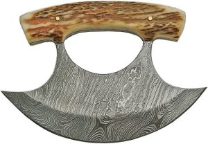 Damascus Ulu Knife 5.5" Damascus Steel Stag Bone Fixed Blade