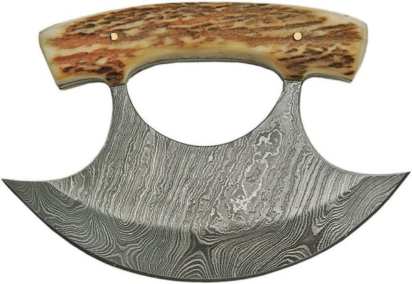 Damascus Ulu Knife 5.5" Damascus Steel Stag Bone Fixed Blade