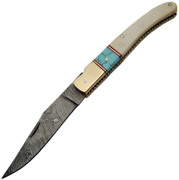 DM1156BO.jpg Damascus Bone Turquoise Folding Knife 4" Damascus Steel Clip Point