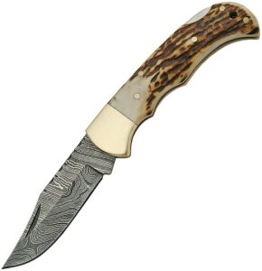 DM1161.jpg Damascus Lockback Stag Folding Knife 2.75" Damascus Blade