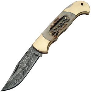 DM1162SG.jpg Damascus Lockback Stag Folding Knife 3.25" Damascus Blade