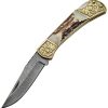 Damascus Stag Engraved Bolster Folding Knife Damascus Steel Clip Point