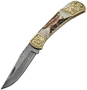 Damascus Stag Engraved Bolster Folding Knife Damascus Steel Clip Point