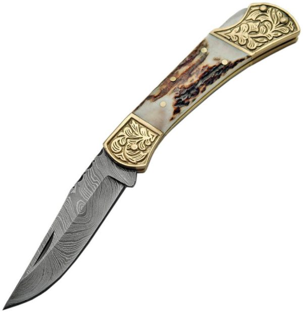 Damascus Stag Engraved Bolster Folding Knife Damascus Steel Clip Point