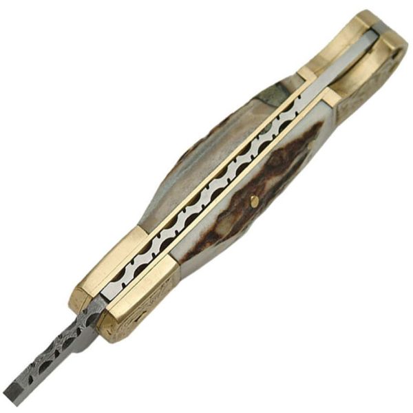 Damascus Stag Engraved Bolster Folding Knife Damascus Steel Clip Point