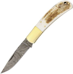 DM1168.jpg Damascus Lockback Stag Folding Knife 3" Drop Point Blade