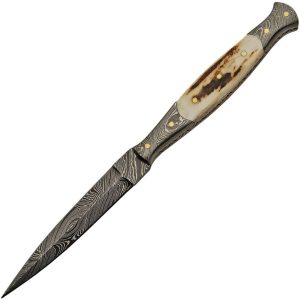 Damascus Slim Fixed Blade 4" Double Edge Dagger Stag Bone