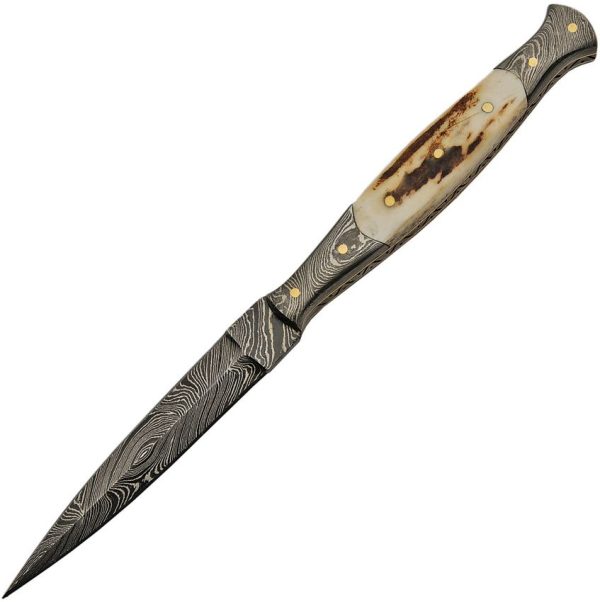 Damascus Slim Fixed Blade 4" Double Edge Dagger Stag Bone