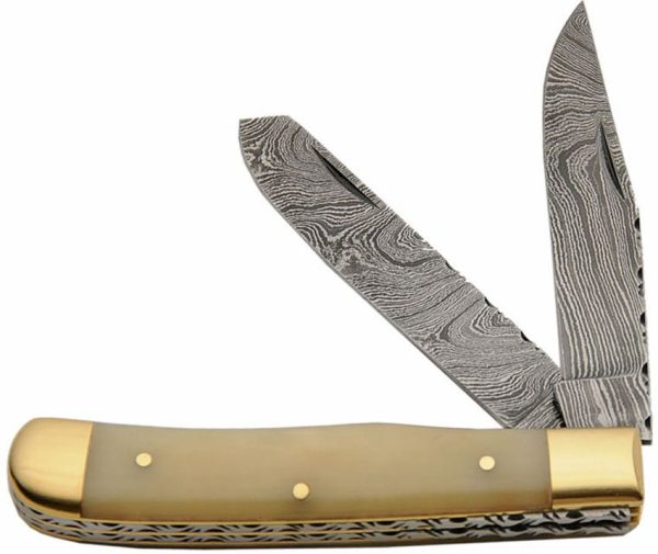 Damascus Trapper Natural Bone Folding Knife Damascus Steel